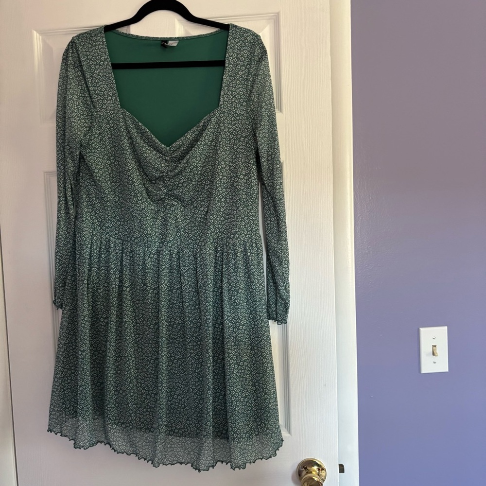 Romantic Green Floral Fairy Flowy Dress with Mesh Overlay